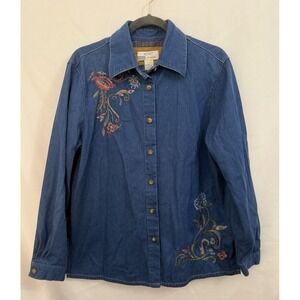 Vintage Koret Denim Floral Embroidered Cottagecore Button Up Shirt Womens Size M